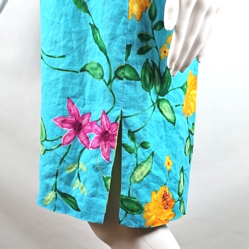 Talbots 100% Linen Bright Aqua Pink Yellow Floral Print Sleeveless Sheath Dress - Picture 6 of 16
